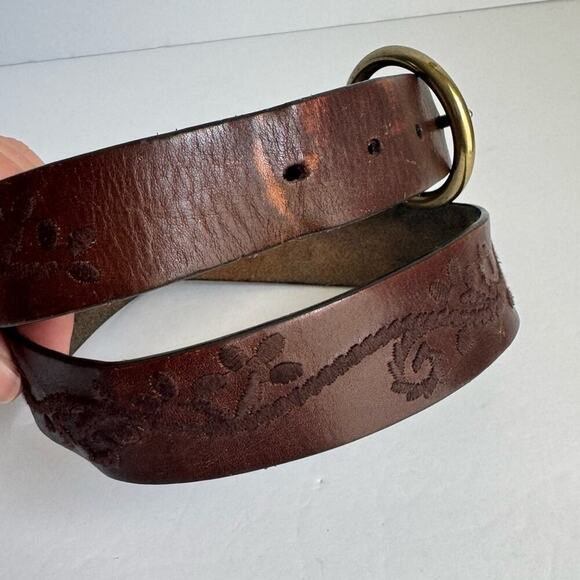 Vintage Brown Leather Belt Boho Embroidered Detail Gold Brass Tone Buckle Y2K - Picture 3 of 10